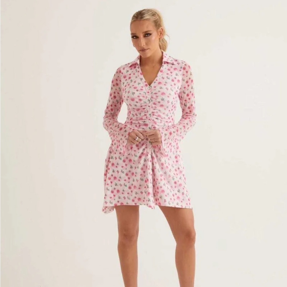 NEW Alana Eve XS Sheer Angel Sleeve Button Mini Dress Ditsy Pink Coquette